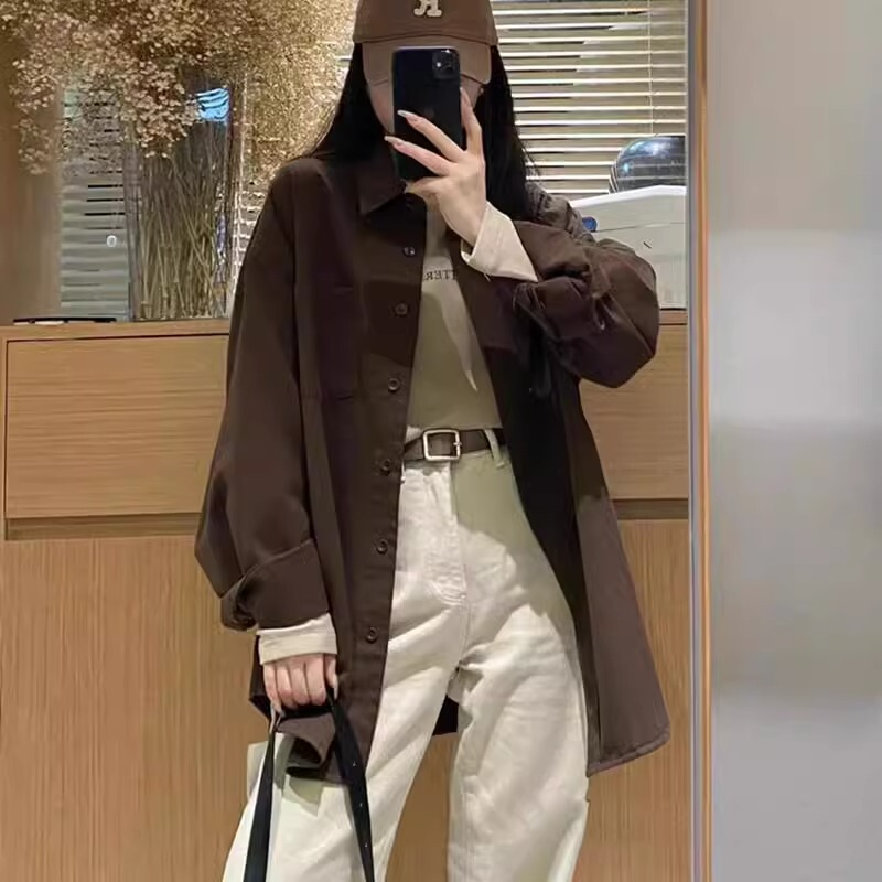 2026 Autumn/Winter New French Lazy Style Brushed Brown Long-Sleeve Shirt for Women, Casual and Elegant Mid-Length Shirt Trend 2026 Autumn/Winter New French Lazy Style Brushed Brown Long-Sleeve Shirt for Women, Casual and Elegant Mid-Length Shirt Trend