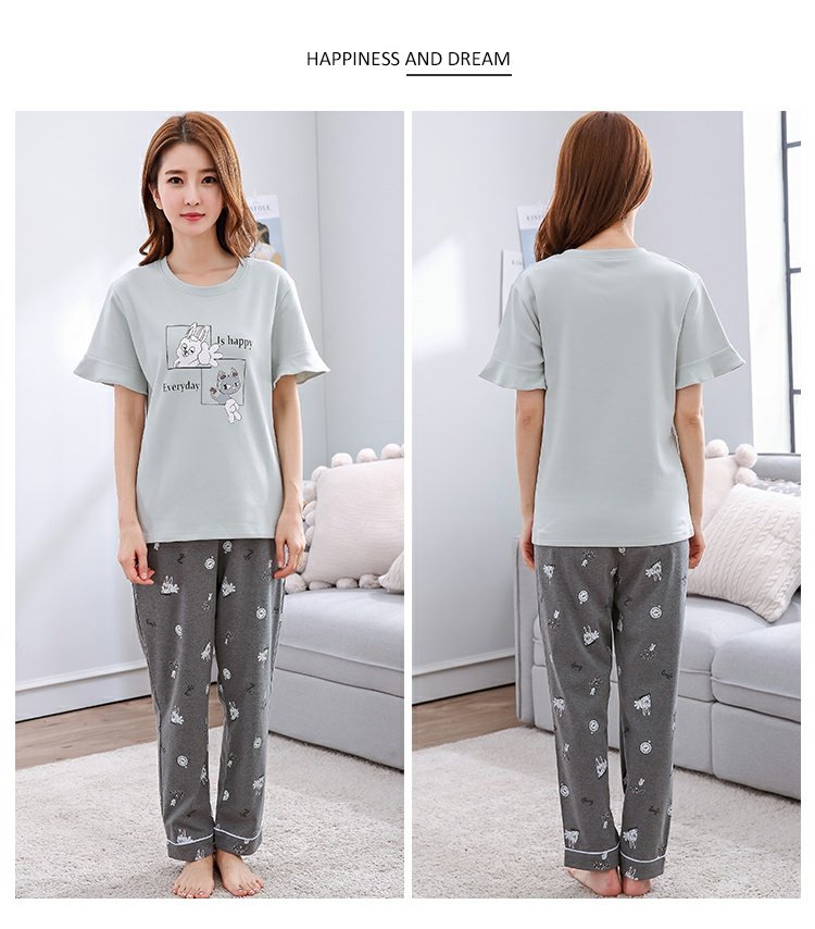 Bộ đồ ngủ nữ mùa hè dễ thương hoạt hình cotton tay ngắn quần dài phần mỏng có thể mặc bên ngoài phục vụ mùa xuân và bộ đồ mùa thu những kiểu đồ bộ đẹp