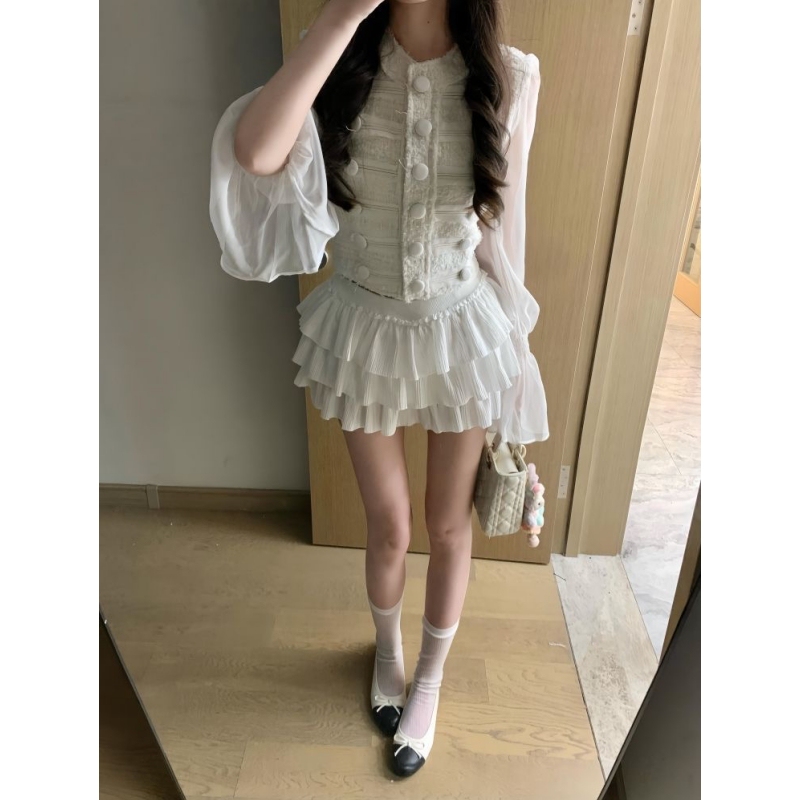 French-Style High-End Court-Style Heavy-Duty Exquisite Button Mesh Sleeve Jacket + High-Waisted Puffy Tiered Skirt Two-Piece Set