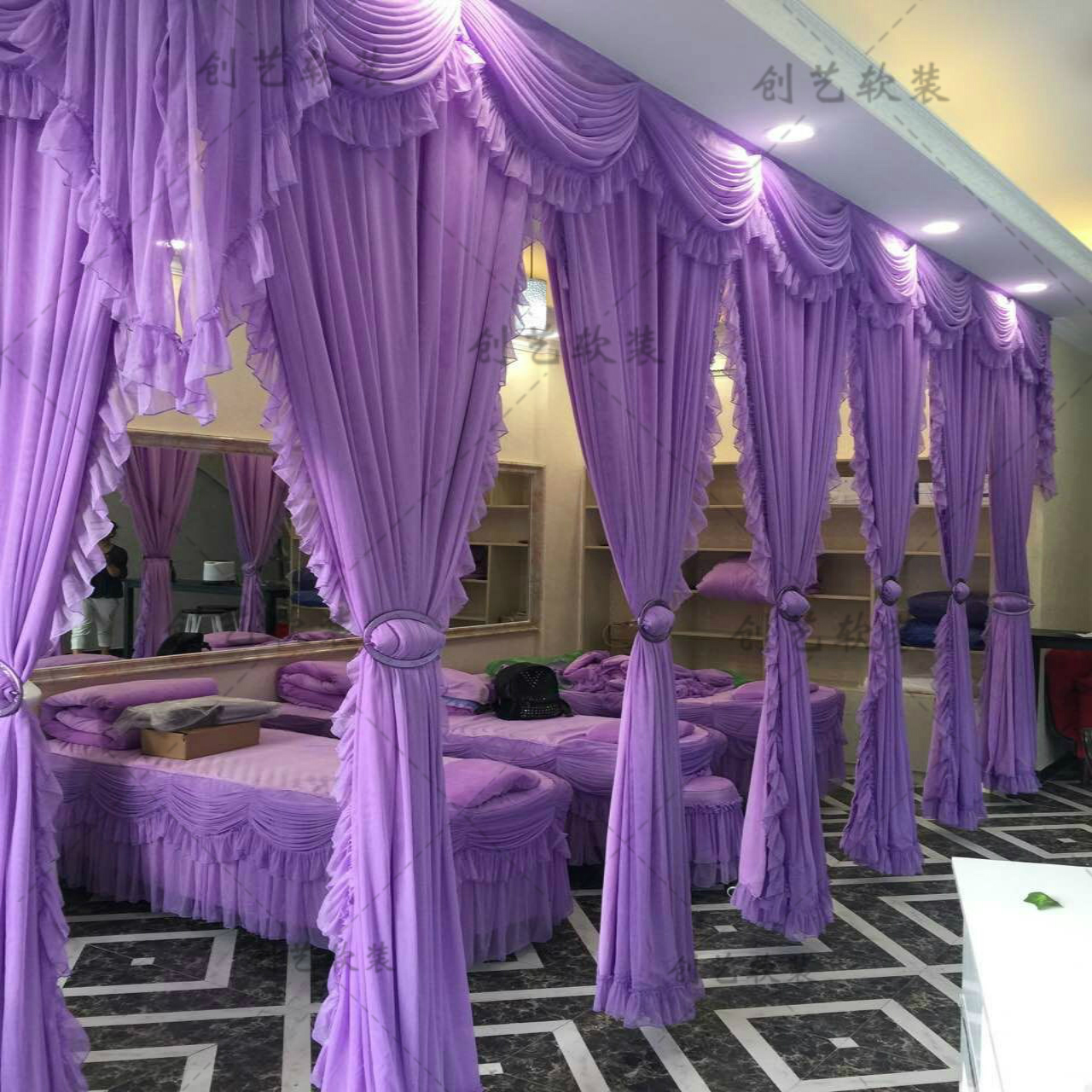 Beauty bed four-piece gauze curtain Beauty salon U-shaped curtain partition curtain Health room massage bedspread purple