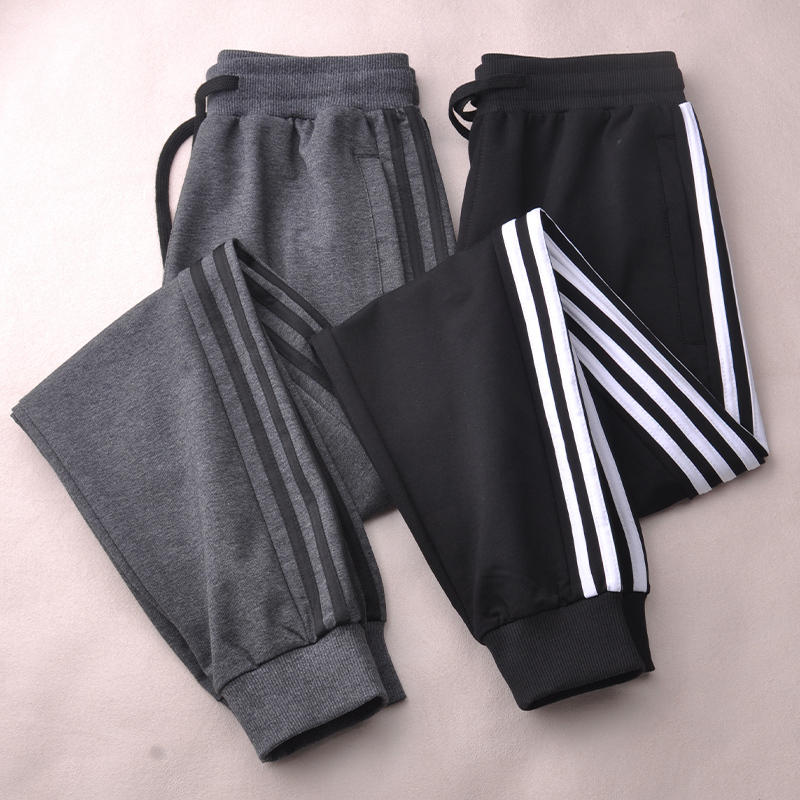 Spring, Summer, Autumn, Winter 24-Hour Three-Stripe Pants with Cuffs, Men's Long Pants, Cotton Gray-Black Stripe, Zipper Pockets, Sports Sweatpants