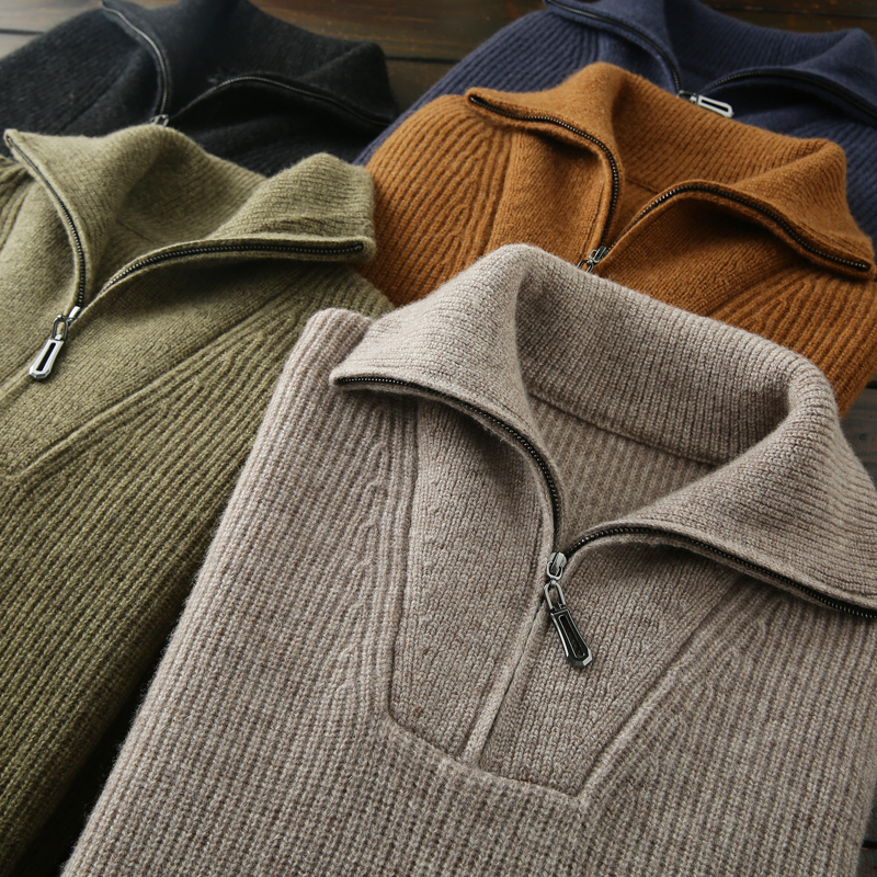 Heavyweight All-Wool Italian Order High-End Men's Collared Half-Zip Knit Sweater Thickened Sweater Coat for Winter