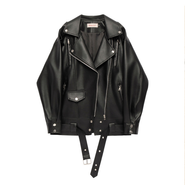 Black Mid-Length Leather Jacket 2025 Spring and Autumn Korean Style Biker Bf Style Leather Jacket