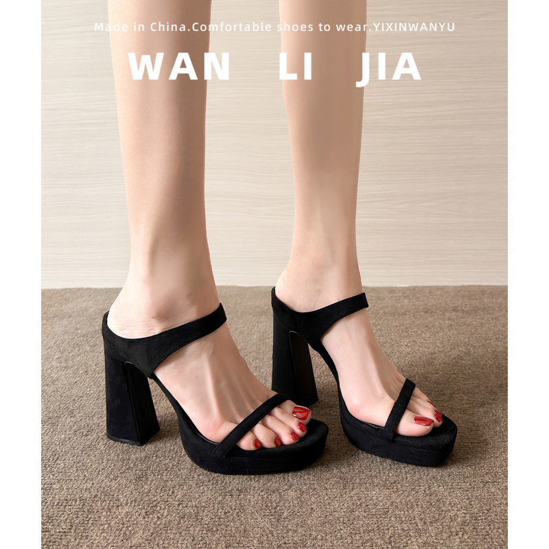 Waterproof Platform High-Heeled Sandals for Women, Summer High-Heeled Shoes, Open-Toe Black Stunning Chunky Heel Slip-On Sandals
