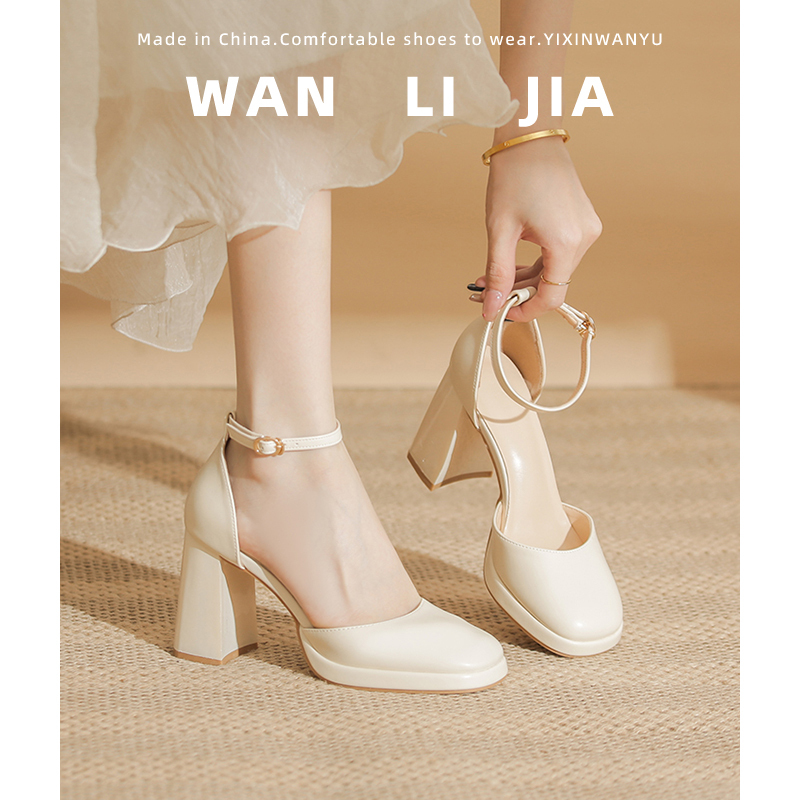 One-Strap High-Heeled Shoes for Women, Chunky Heel, 2026 Spring New Style, Elegant Off-White Platform Mary Jane Thick-Soled Sandals