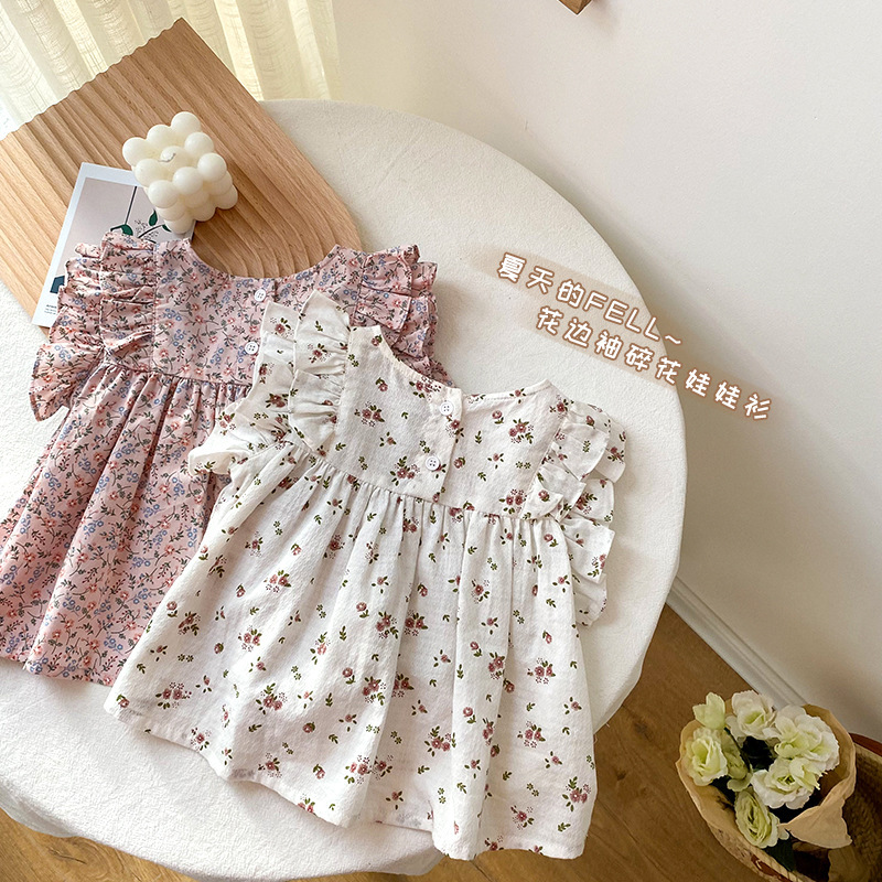 Korean Style Shirt Tops for Infants and Toddlers 0-3 Years Old Baby Girl Summer Thin Cotton Flying Sleeves Lace Floral Doll Shirt