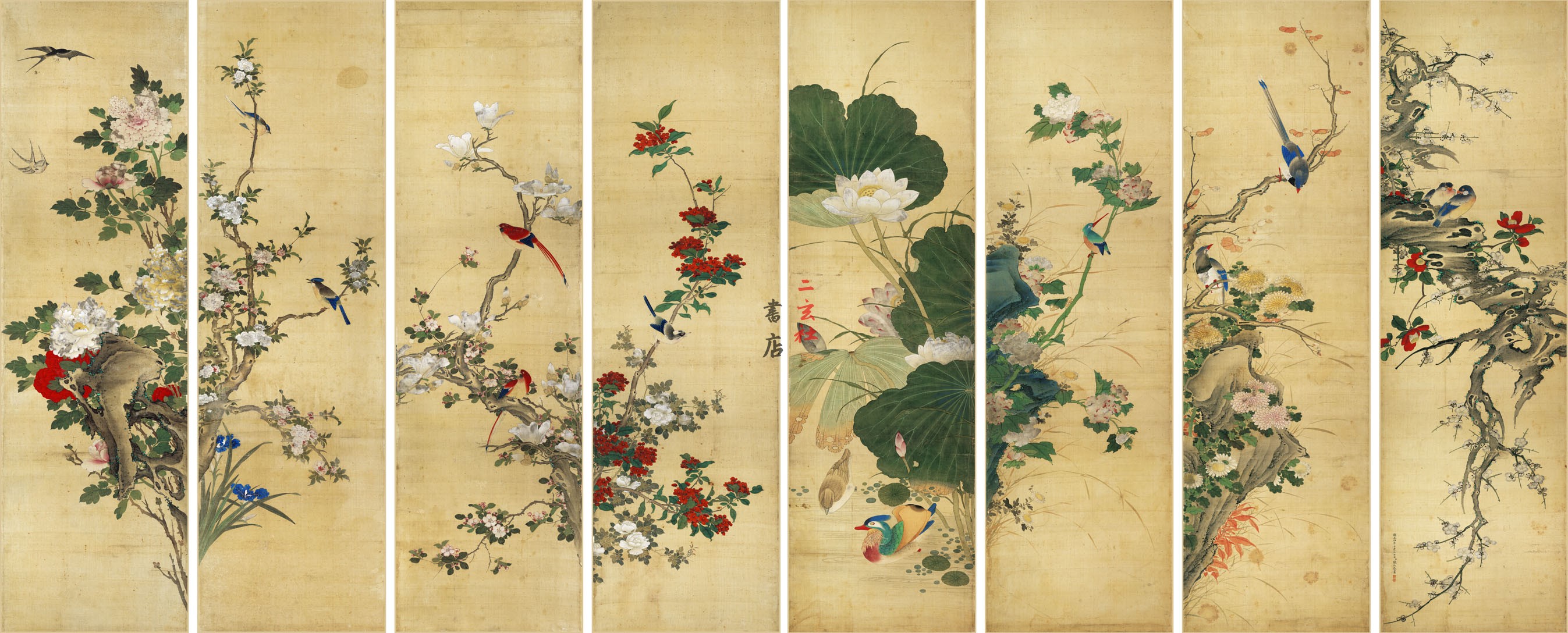 Tianjin Museum hid Qing Chen's Four Seasons Flower Bird Eight Screen Replica Decoration Hall's Hall of Fate-Taobao