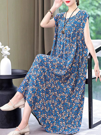 2025新款女士印花连衣裙夏季大码女装时尚宽松显瘦妈妈背心长裙女