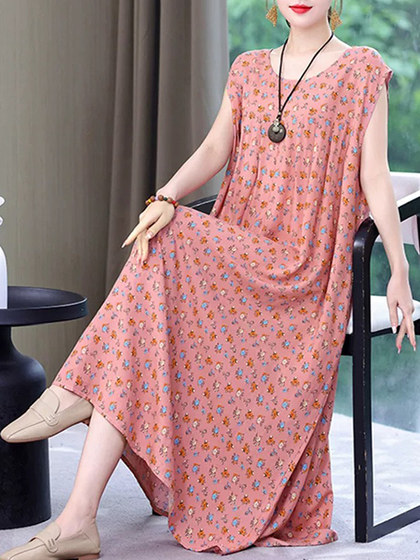 2025新款女士印花连衣裙夏季大码女装时尚宽松显瘦妈妈背心长裙女