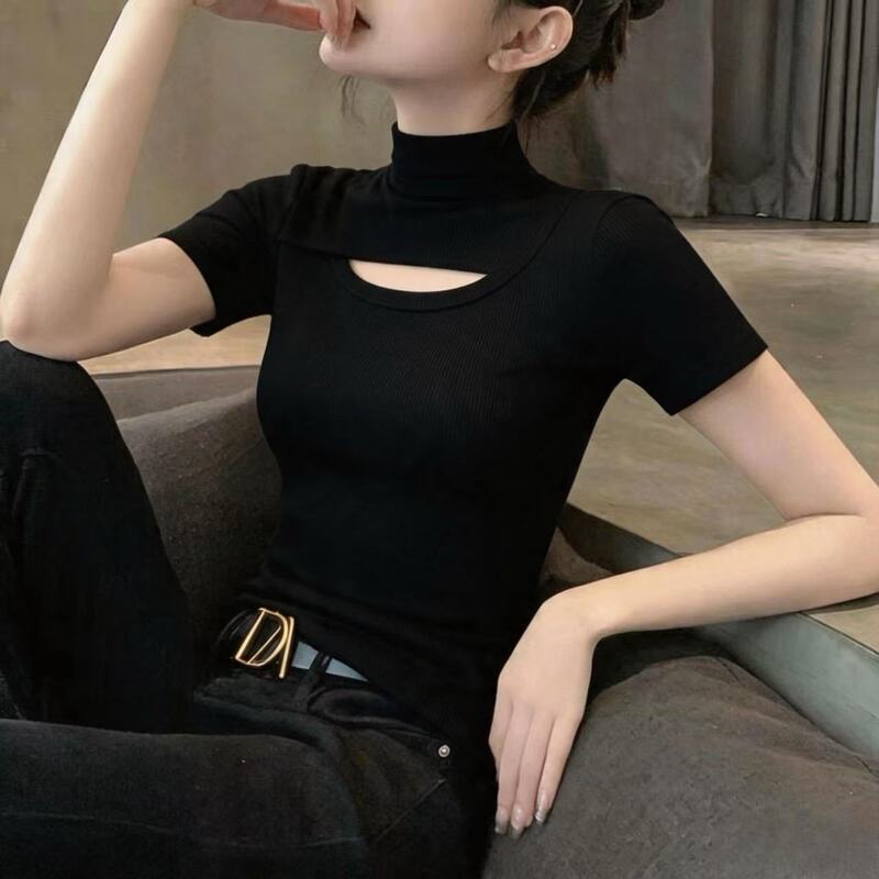 Threaded Half-High Collar Hollow-Out Short-Sleeve T-Shirt for Women, 2026 Spring/Summer Women's Base Shirt, Versatile Mid-Neck Regular Shoulder Top Threaded Half-High Collar Hollow-Out Short-Sleeve T-Shirt for Women, 2026 Spring/Summer Women's Base Shirt, Versatile Mid-Neck Regular Shoulder Top