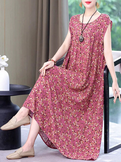2025新款女士印花连衣裙夏季大码女装时尚宽松显瘦妈妈背心长裙女