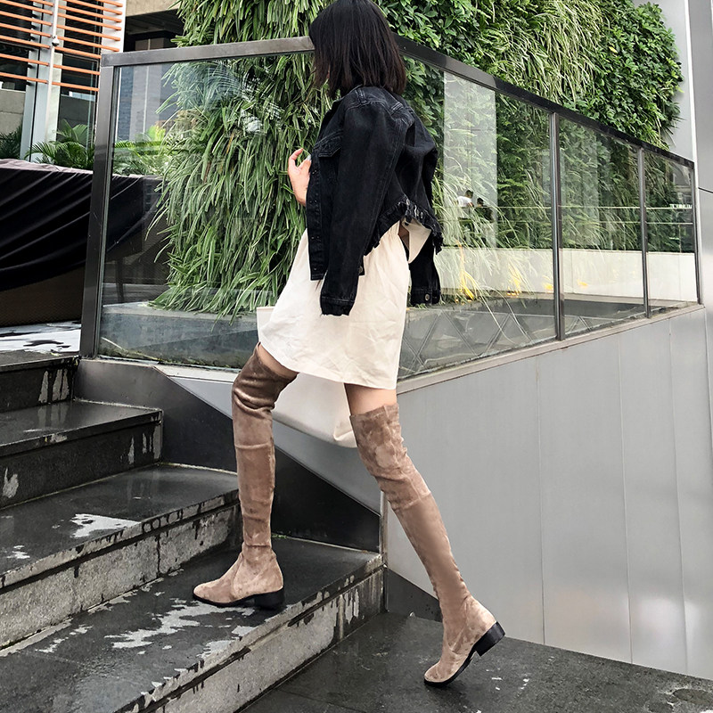 European station autumn and winter long boots women's over-the-knee elastic boots round toe thick heels flat bottoms thin net red boots fashion riding boots 60cm