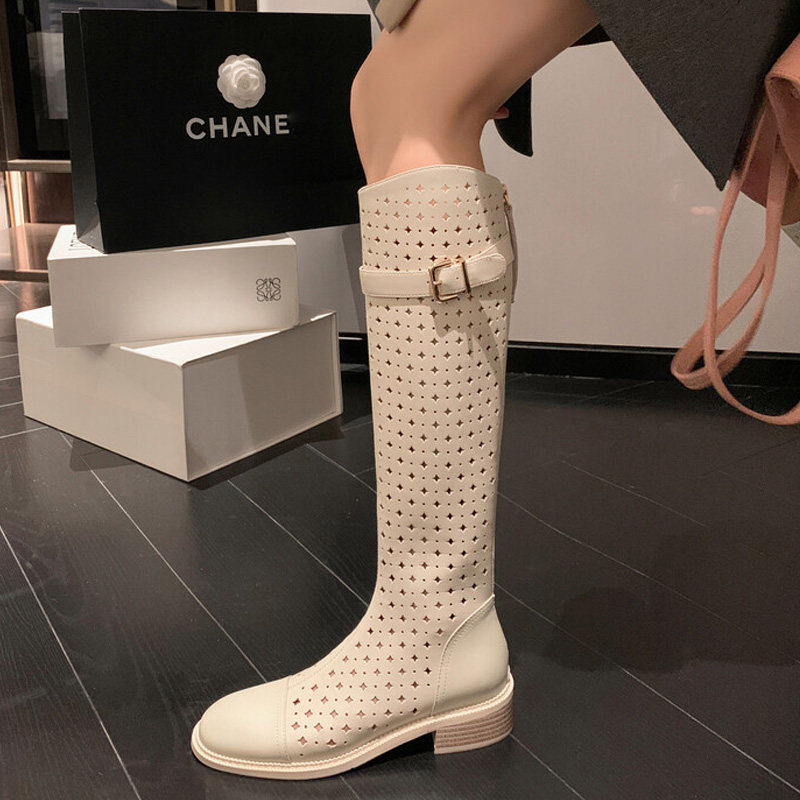 Kmeizu Conspicuity Hollowed-out Long Cylinder Boots Woman Spring Summer Flat Bottom Riding Boots Thin hole Hole Leather Boots port Smell High Cylinder Cool Boots