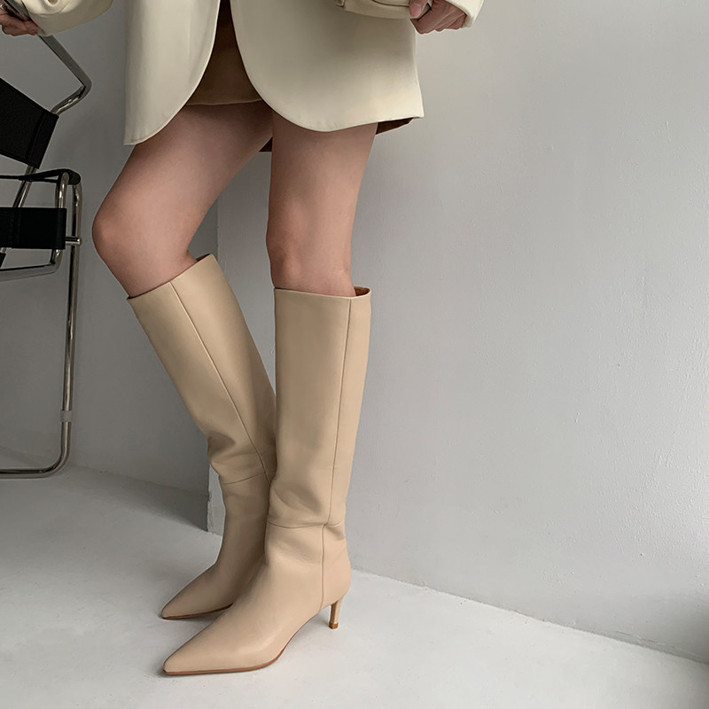 European and American high boots female pointed toe stiletto straight thin skinny boots leather riding boots middle heel fashion temperament ins boots