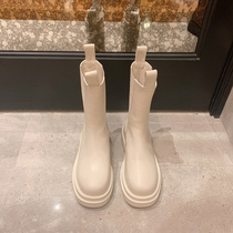 ins white Martin boots lady autumn winter new thick bottom genuine leather midbarrel boot Inlenty wind pipe Chelsea short boot tide