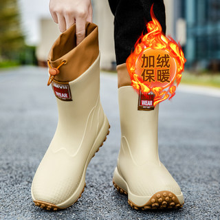 Winter velvet rain boots for men and women, outdoor commuting rain boots, waterproof and non-slip kitchen work all-in-one velvet warm labor protection shoes