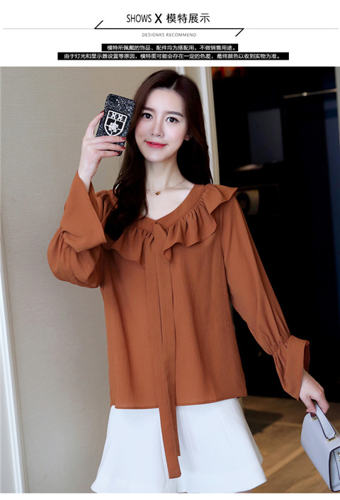 Mùa hè 2019 mới của phụ nữ áo sơ mi voan dài tay màu trắng ngọt ngào áo sơ mi xù lông cổ chữ V - Cộng với kích thước quần áo áo phông nữ