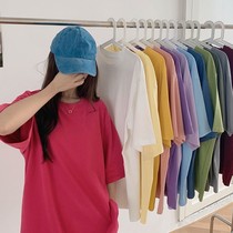  Cotton solid color mid-length short-sleeved t-shirt female student Korean loose summer 2021 new ins Harajuku wind