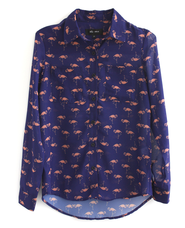 【Great Deal】Flamingo Chiffon Print Versatile Simple Commuting Long-Sleeve Shirt Available in Plus Size Item Number 716