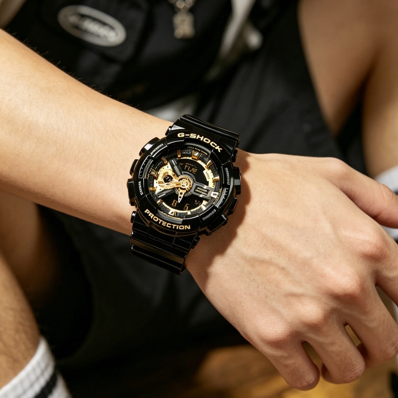 Casio Casio Watch for Boys Gshock Black Warrior Black Gold Digital Watch for Middle and High School Students Ga-110Gb