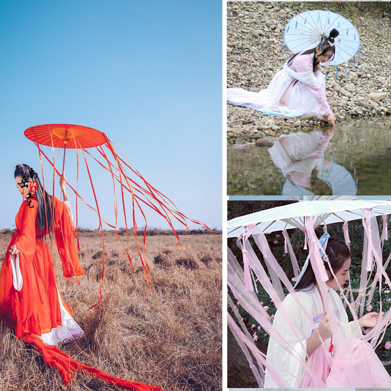 Antique red ribbon umbrella ancient costume Hanfu fairy shooting photography props decoration COS tassel photo dance craft umbrella