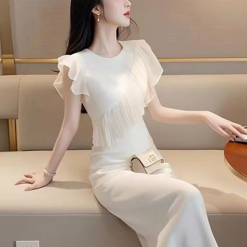 French-Style Unique and Beautiful Petite White Chiffon Patchwork Dress, Summer Niche Design, Non-Repetitive, Stylish Long Dress for Women French-Style Unique and Beautiful Petite White Chiffon Patchwork Dress, Summer Niche Design, Non-Repetitive, Stylish Long Dress for Women