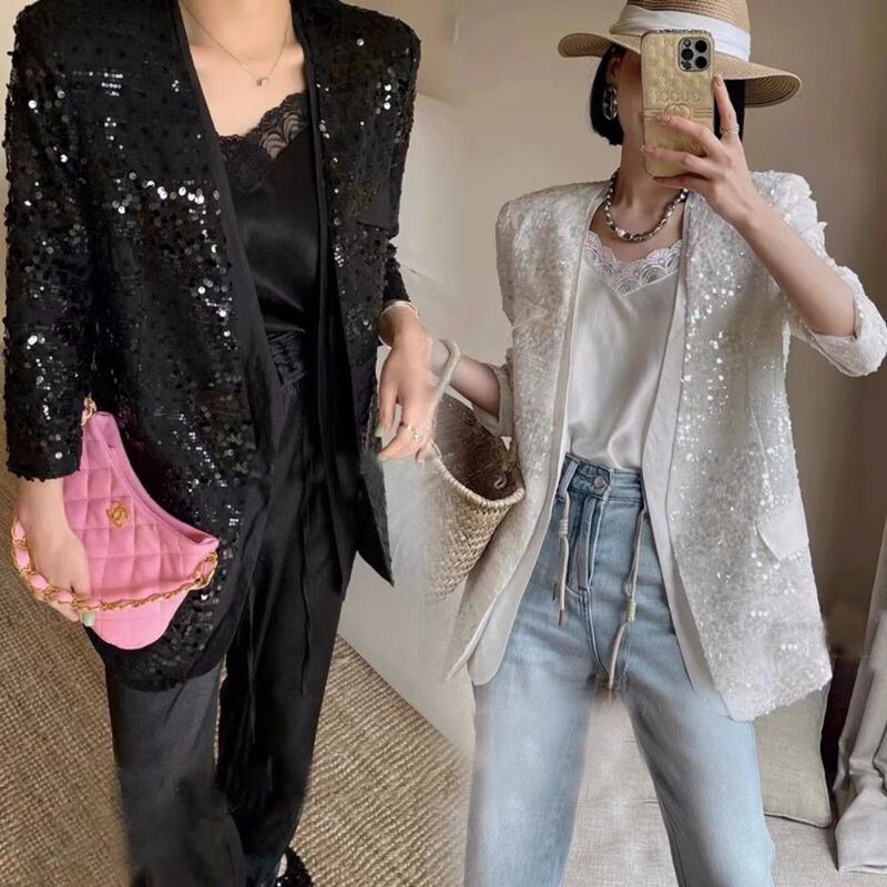 European-Style Elegant Sequin Blazer for Women, 2026 Spring and Autumn New High-End Sparkling Top, Regular Shoulder Suit