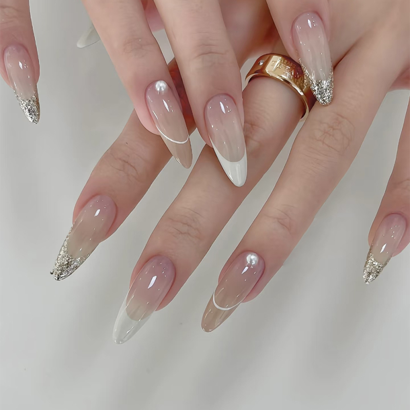 【Qinghe】Purely Handmade Nude Aurora French Style Wearable Nails, Finished Product with a High-End Feel, Elegant and Simple Medium-Length Fake Nails