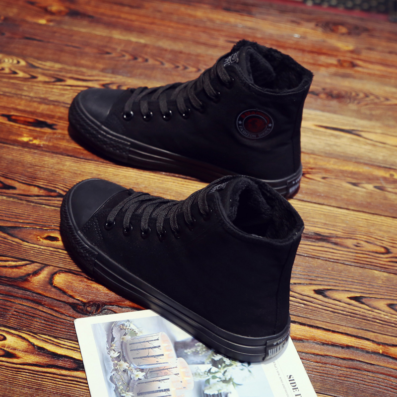Winter Padded High-Top Canvas Shoes for Women, Korean Style, All Black, Fleece-Lined Casual Shoes, Versatile, Comfortable Little Black Shoes, Warm Cotton Shoes Winter Padded High-Top Canvas Shoes for Women, Korean Style, All Black, Fleece-Lined Casual Shoes, Versatile, Comfortable Little Black Shoes, Warm Cotton Shoes