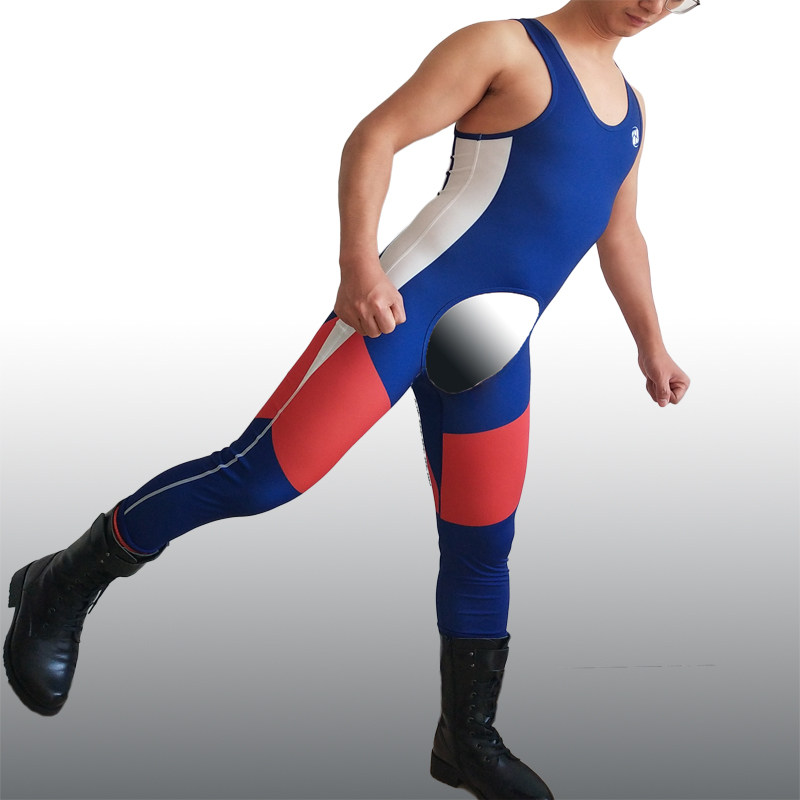 Badiace Male Hollowed-out Collage of Wrestling Suit Fitness Elastic Tight Clothing for Long Pants Version