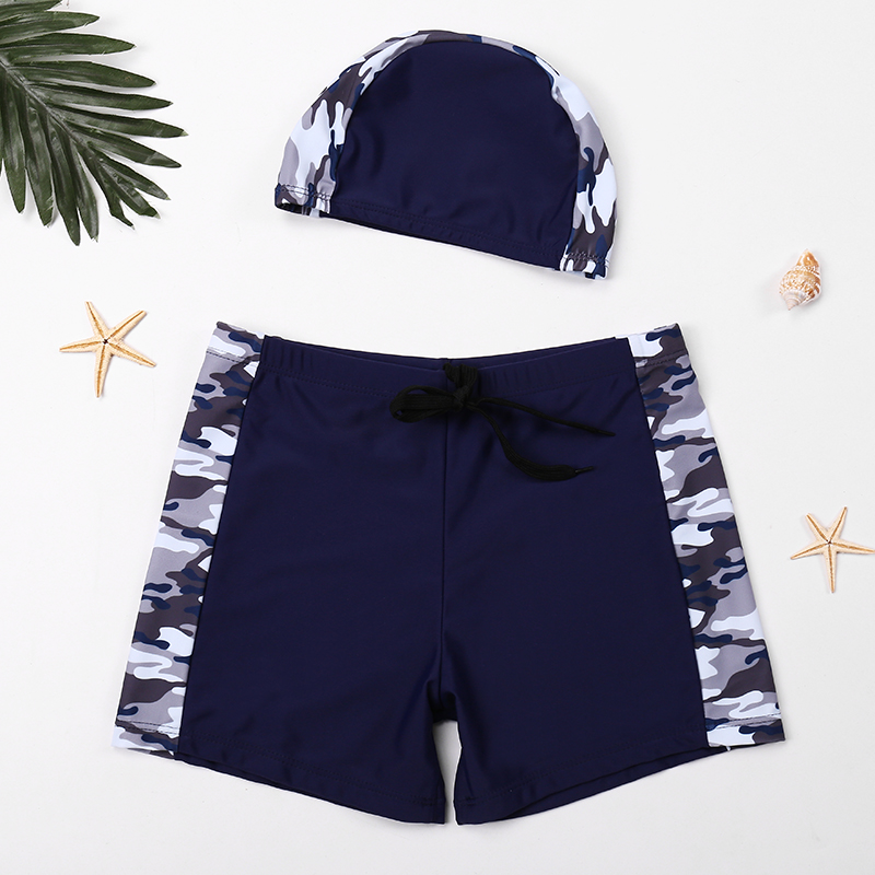 Kids swim trunks in big boy teenage student camouflage flats swim cap set professional swimming quick dry