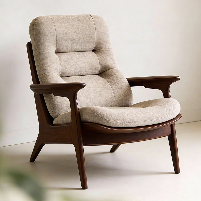 New Chinese-Style Black Walnut Sofa Chair, Single Fabric Leisure Chair for the Living Room, High-End Solid Wood Living Room Sun Lounge Chair