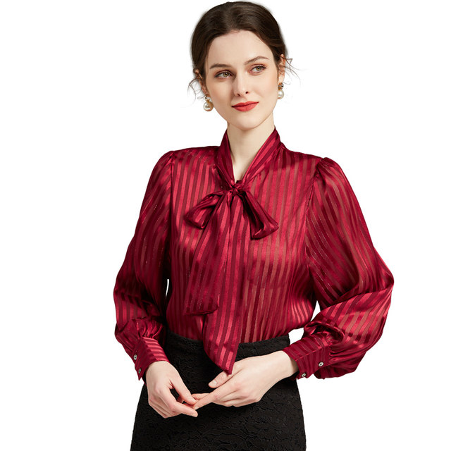 2022 spring new light luxury bow tie lantern sleeve top women's temperament design long-sleeved chiffon shirt