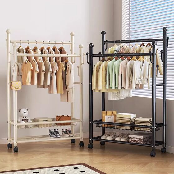 Floor-Standing Coat Rack for Bedroom, Home Use Clothes Rack, Movable Indoor Clothes Drying Rack, Thickened Simple Clothes Hanger, Storage Rack