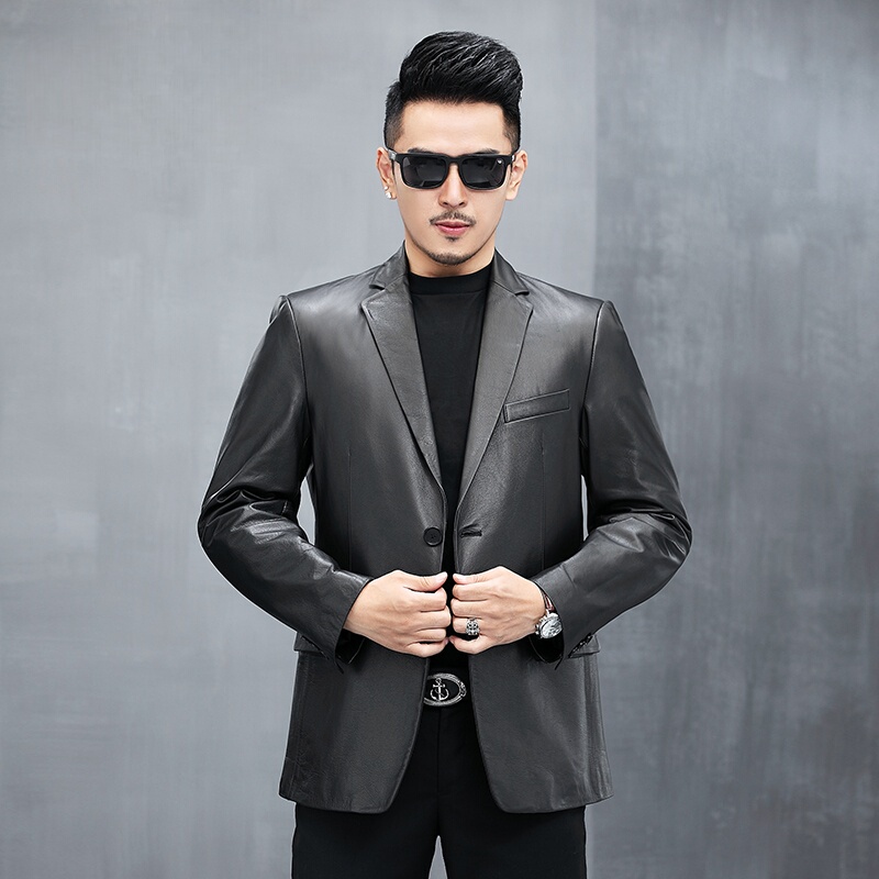 Haining Genuine Leather Jacket for Men, Calfskin Suit Jacket, Young Men's Leather Jacket, Thin Casual Leather Coat, Leather Suit