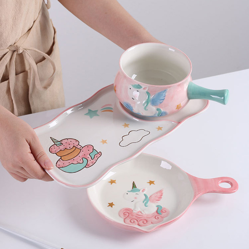 Unicorn Cartoon Ceramic Eating Bowl Noodle Bowl Cute Children's Bowl and Plate Set Tableware Household Couple Dish Plate Spoon
