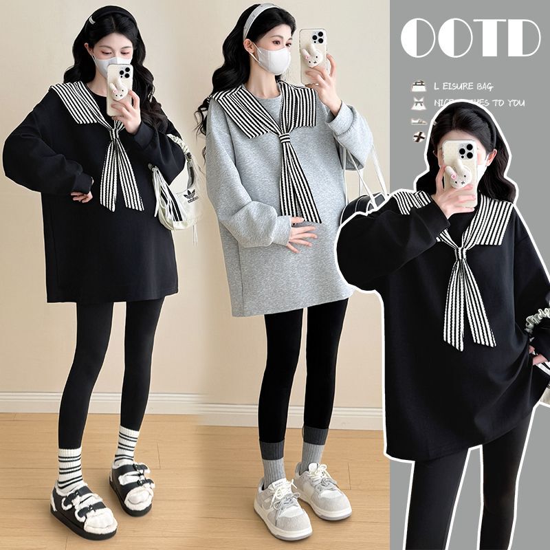 2026 Maternity Wear Spring New Style Loose Fit Covering the Body Navy Collar Top Trendy Mom Pregnancy Outfit Mid-Length Sweatshirt for Women