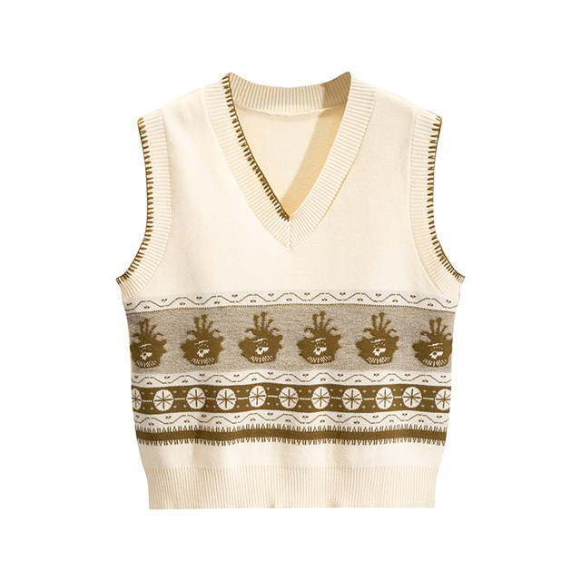 ແບບວິທະຍາໄລ jacquard V-neck vest spring and autumn I-shaped inner sweater sleeveless waistcoat slim short vest cotton