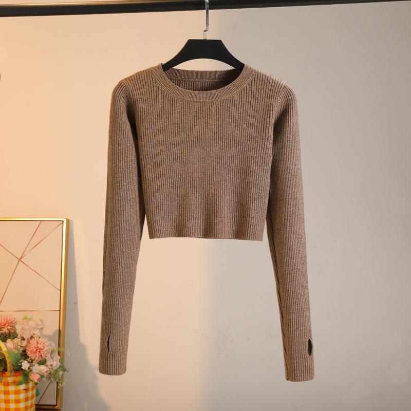 Petite High-Waisted Round-Neck Sweater, Short Style for Autumn and Winter, Pullover with Exposed Navel, Versatile Base Layer