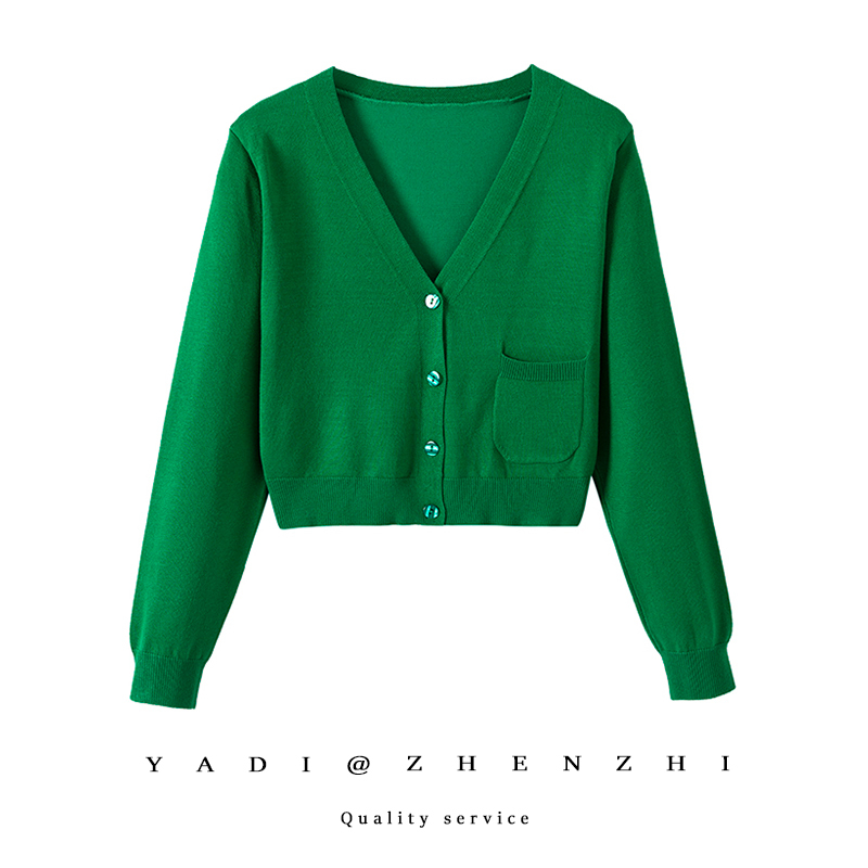 2026 Spring and Autumn Thin Cardigan for Petite Women, Fashionable Short High-Waisted Top to Pair with Skirts, Green Air Conditioning Shirt, Cotton Top