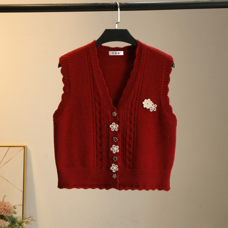 Spring and Autumn Layered Vest Korean Style Preppy V-Neck Knitted Vest Red Sleeveless Cardigan Sweater Jacket Vest