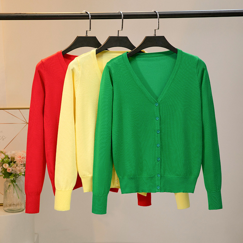 Spring and Autumn Thin Knit Cardigan, Solid Color, Versatile, Summer Outerwear, Long-Sleeved Air-Conditioning Shirt, Short Green V-Neck Jacket, Cotton