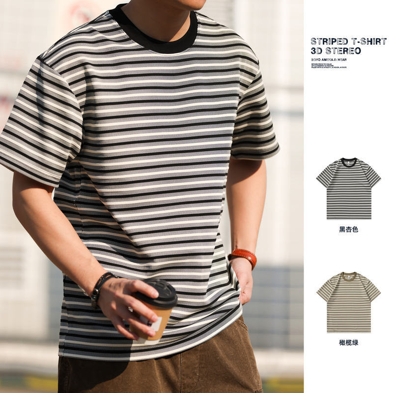 Bgyo Luqi Three-Dimensional Tank Stripe Texture Short-Sleeve T-Shirt for Men, American Casual Style, 260g Vintage Crew Neck Base Shirt Bgyo Luqi Three-Dimensional Tank Stripe Texture Short-Sleeve T-Shirt for Men, American Casual Style, 260g Vintage Crew Neck Base Shirt