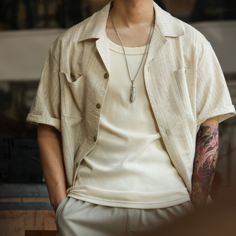 Bgyo Luqi Summer Casual Cuban Collar Linen Short Sleeve Shirt Men's Loose American Retro Breathable Shirt