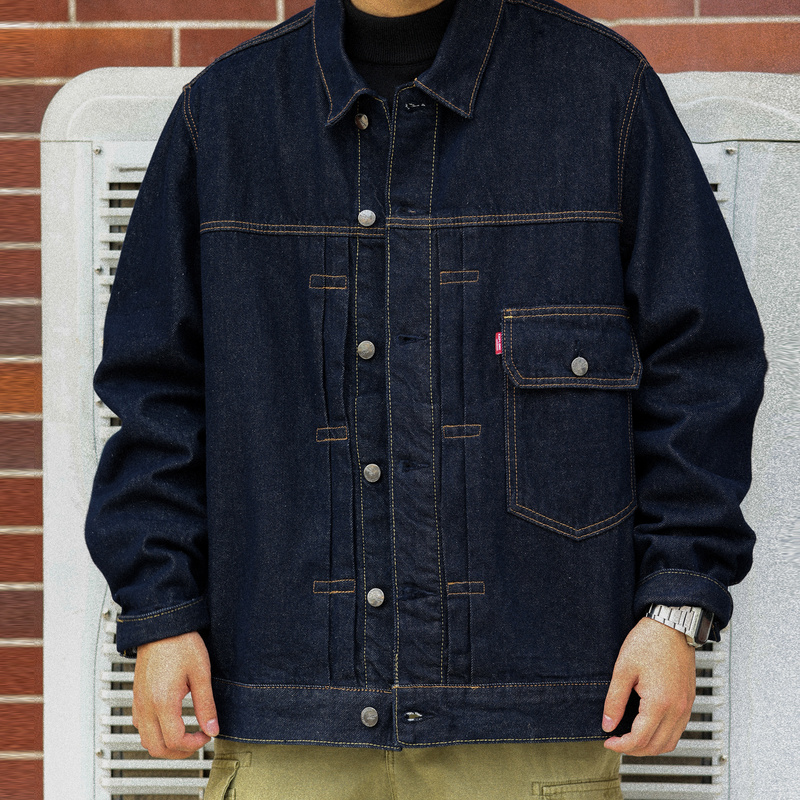 Bgyo Japanese Retro Storm Rider Denim Jacket for Men, Dark Blue Amekaji Lapel Patchwork Jacket