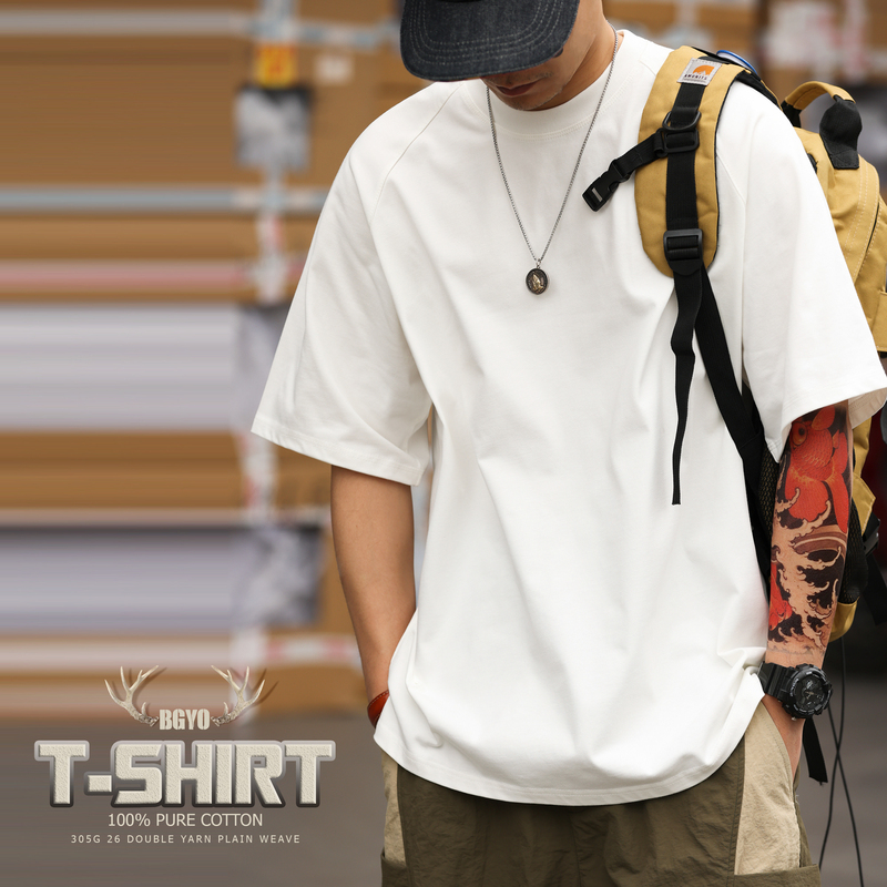 Bgyo Luqi 305g Heavyweight Pure Cotton Raglan Short-Sleeve T-Shirt for Men, American Casual Versatile White Base Shirt for Summer