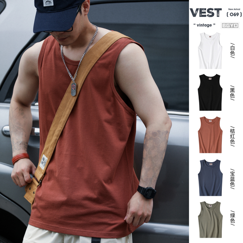 Bgyo Outdoor American Style Vest for Men, Heavyweight Vintage Loose Fit Sports Sleeveless Cotton T-Shirt, Round Neck Summer Trendy Brand Tank Top