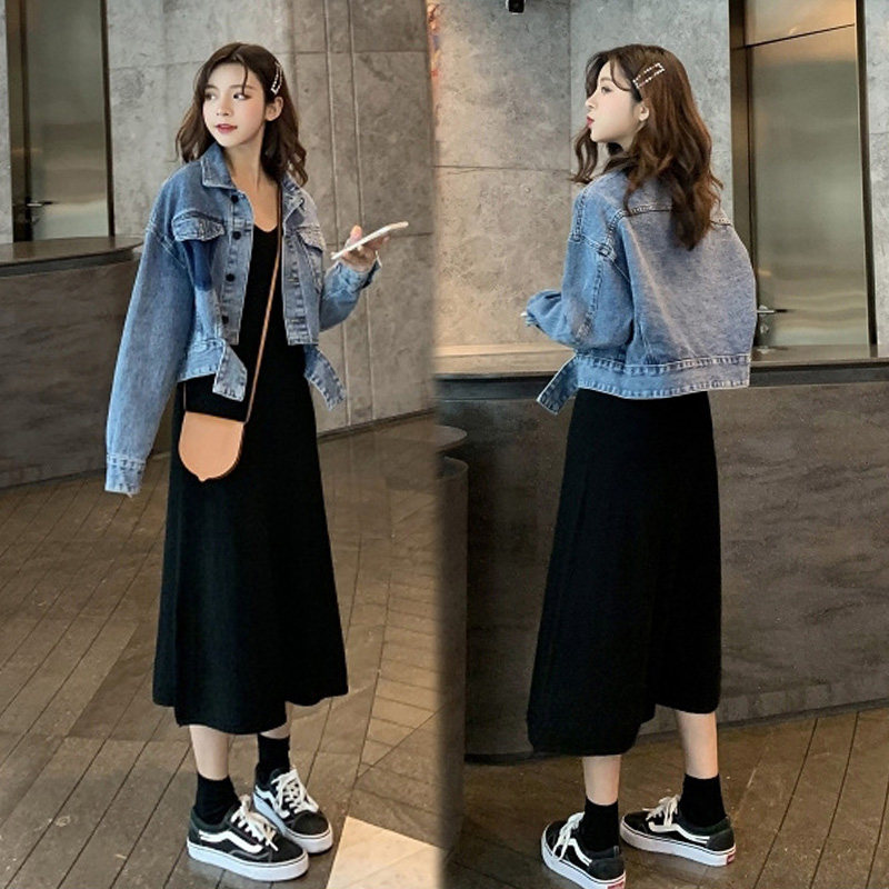 Slightly fatter wearing a hitch sister foreign pie to be thin two sets fall trend denim jacket fit knitted long skirt suit woman