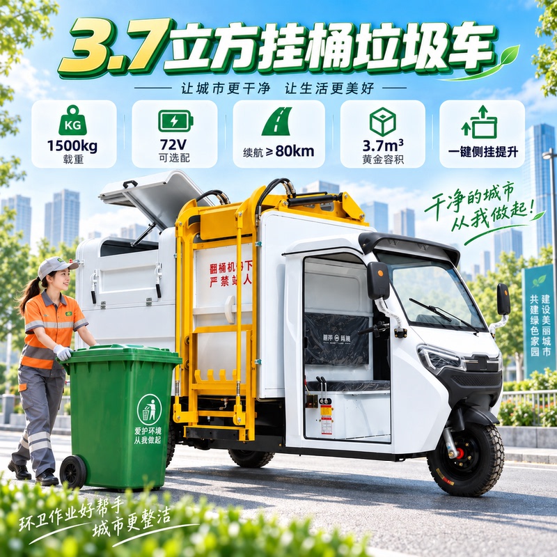 Electric Three-Wheel Garbage Removal Vehicle for Residential Areas and Streets, with Hanging Bins, Self-Loading and Unloading, Large Capacity Compression Garbage Transport Vehicle