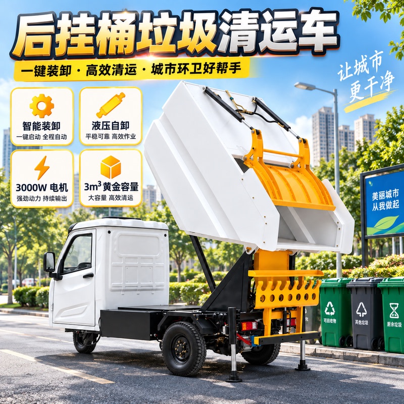 Electric Garbage Truck with Rear-Mounted Bins, Automatic Loading and Unloading, Compression, Three-Wheeled, for Community Property Sanitation Waste Collection and Transport, Factory